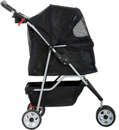 3-Wheel Pet Stroller, Lightweight Foldable Dog Stroller for Small Medium Dogs & Cats, Breathable Mesh & Weather Cover with Storage Basket, for Daily Walk Outdoor Travel (Black)