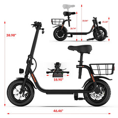 W18S 450W Motor Electric Scooter for Adults with Seat and Carry Basket, 36V 20Miles Range & 15.5Mph, 12" Foldable E Scooter for Commuting, UL 2272