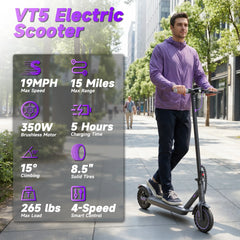 VV-5 Adult Folding Electric Scooter, 350W Motor 19MPH, 15 Miles Range, 8.5'' Solid Tire Commuter E Scooter with APP