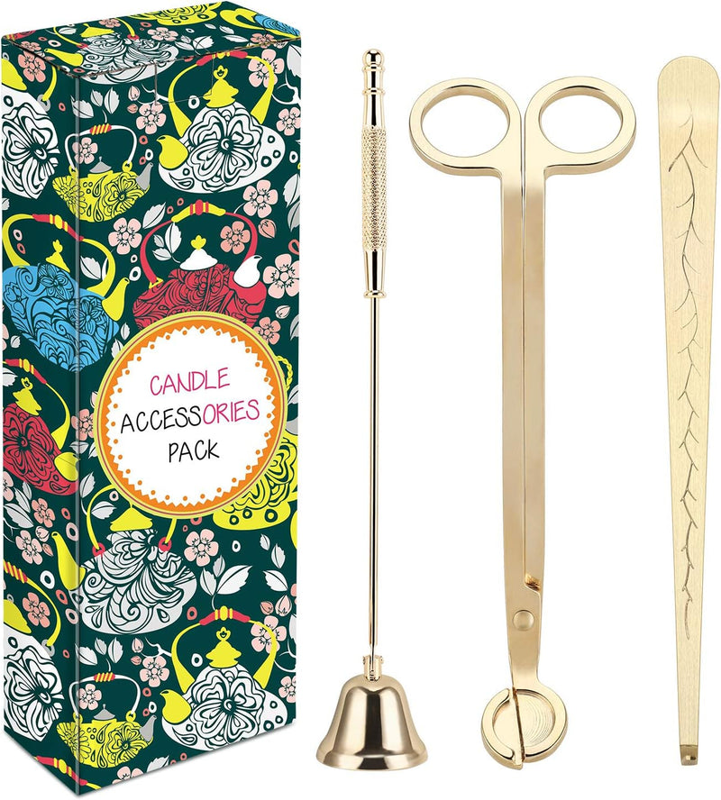 3 in 1 Candle Accessory Set - Wick Trimmer, Snuffer, Dipper with Gift Package for Candle Lovers (Champagne Gold)