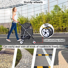 3-Wheel Pet Stroller, Lightweight Foldable Dog Stroller for Small Medium Dogs & Cats, Breathable Mesh & Weather Cover with Storage Basket, for Daily Walk Outdoor Travel (Black)