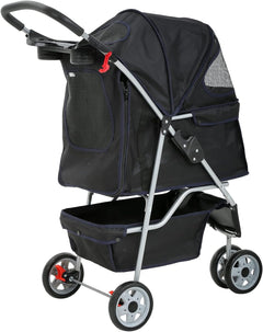 3-Wheel Pet Stroller, Lightweight Foldable Dog Stroller for Small Medium Dogs & Cats, Breathable Mesh & Weather Cover with Storage Basket, for Daily Walk Outdoor Travel (Black)
